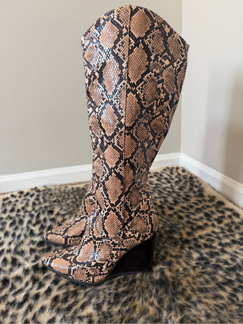 Snake-Print Over-the-Knee Wedge Boot in Tan and Black
